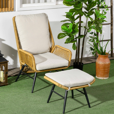 Крісло та пуф Outsunny з ротангу Polyrattan, регульована спинка, світло-коричневий/сірий/чорний