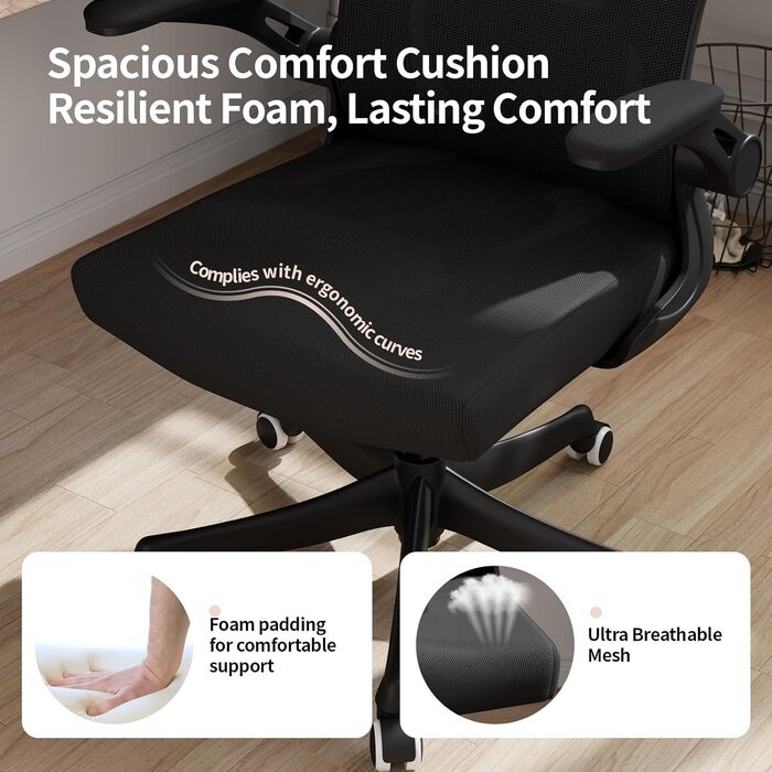 Офісний крісло Monhey з регулюванням висоти, поворотне, з відкидними підлокітниками, дихаюча сітка, регульована підголовник та інтелектуальна підтримка попереку – для дому та офісу (чорний)
