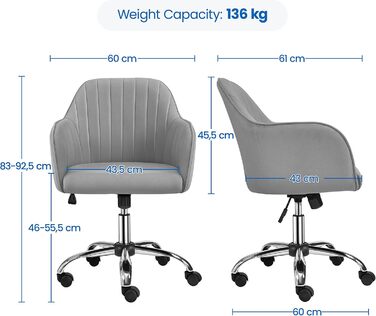 Крісло Yaheetech для дому та офісу: обертове, регульоване по висоті, з м'якою оксамитовою оббивкою, до 136 кг, сірий колір