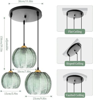 Світлові підвісні світильники зі скла, сучасні для обіднього столу/вітальні/спальні/офісу/кухні (3 голови), 3