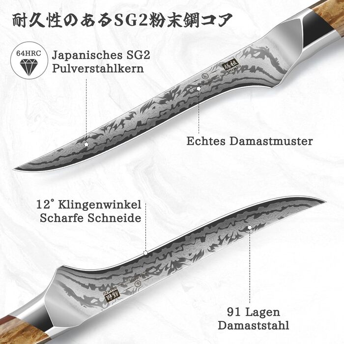 Набір кухонних ножів SHAN ZU Damast: професійний кухонний ніж шеф-кухаря 20 см, ніж для обробки овочів 18 см, з ручкою з акації, серія WHITE TIGER