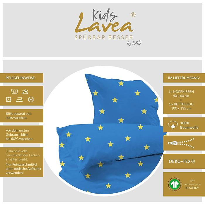 Комплект постільної білизни для малюків Lavea-Stella Kids 100 х 135 см 40 х 60 см.Дизайн Зоряний колір 100 бавовна. Висока якість із застібкою-блискавкою. Сертифікований за стандартом GOTS / Bio. (100 х 135 40 х 60 см, синій)