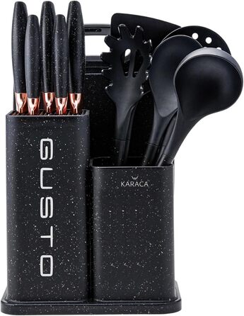 Набір ножів Karaca Gusto 12 предметів з обробною дошкою та кухонними аксесуарами, з нержавіючої сталі, ергономічні ручки, чорний колір