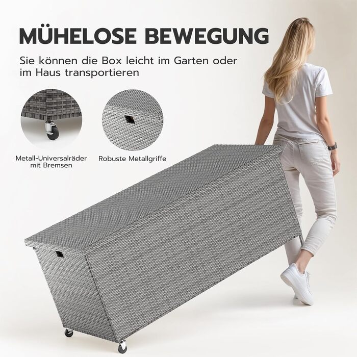 Скриня для подушок садових Polyrattan Amopatio 480л, водонепроникна, з роликами та газліфтом, сіра