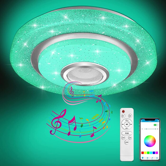 Світлодіодна стельова лампа CL FUN з Bluetooth-колонкою, димована, Ø30 см, водонепроникна, з регулюванням кольору RGB, пультом і керуванням через додаток для вітальні та спальні