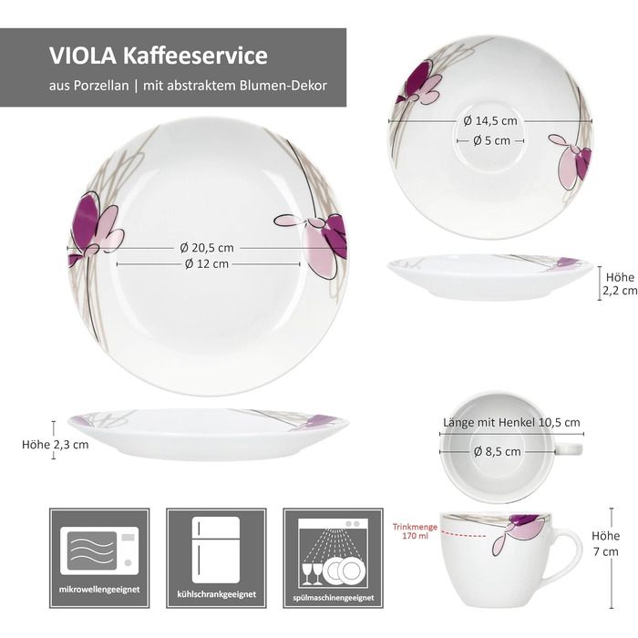 MamboCat Комплект посуду для кави та сніданку на 6 осіб, 18 предметів, біле порцелянове посуд з квітковим декором, 6 чашок 170мл, 6 підстаканників та тарілок