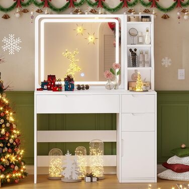 Білий туалетний столик для макіяжу з LED-підсвічуванням та дзеркалом | 3 ящики, 3 полиці, шафка | Столик для макіяжу для спальні