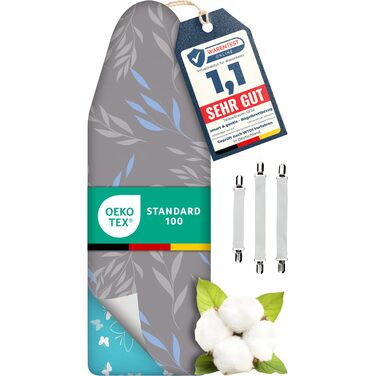 Покриття для прасувальної дошки Turbo 120x45 см, німецька якість, бавовняне покриття ÖKOTEX, терморефлексія, 5 розмірів, фіксатор EasyFit, XL площею 120-125x40-45 см, блакитно-сірий колір