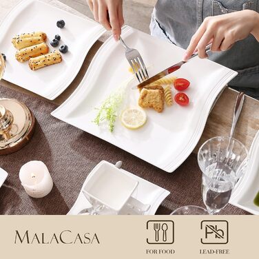 MALACASA Серія Flora – 60-елементний посудний сервіз для 12 осіб – кремово-білий порцелан з квадратним дизайном (тарілки, чашки, блюдця) – підходить для миття в посудомийній машині та для використання в мікрохвильовій печі