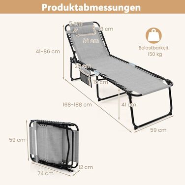 Шезлонг для саду Costway з підголівником та кишенею, висока посадка, регульована спинка, вантажопідйомність до 150 кг, сірий (188 x 59 x 41 см)