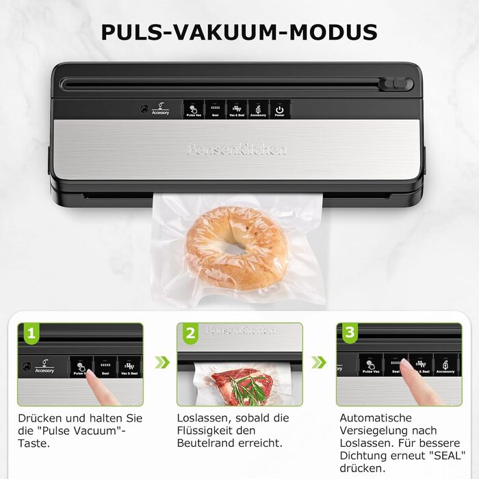 Вакууматор для продуктів Bonsenkitchen для сухих та вологих продуктів з вбудованим різачем, чорний (комплект з рулоном та пакетами)