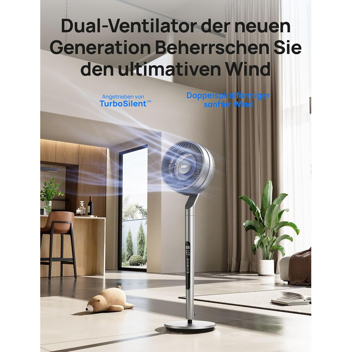 Вентилятор Dreo з інтелектуальним керуванням, 101.6-111.8 см, регульована висота, тихий DC вентилятор для спальні, 120°+85° осциляція, 30.5 м³/хв, срібний