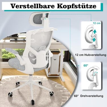 Ергономічне крісло для офісу з регульованою підголівником та поперековою підтримкою – високе офісне крісло з сітчастою спинкою та м'яким сидінням, вішалка для одягу та функцією блокування (білий та сірий)