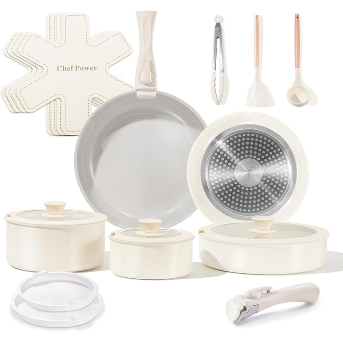 Набір кухонного посуду Chef Power Keramik, 19 частин: сковорідки та каструлі з антипригарним покриттям, без PFOA, PTFE, PFAS, для індукційних плит, сумісний з духовкою, миється в посудомийній машині, кремово-білий (Granite Grey & Cream White)