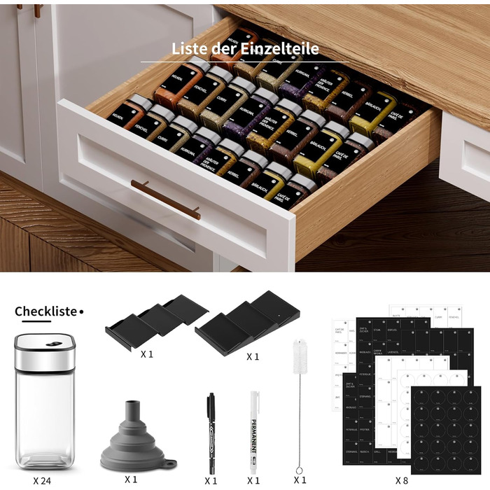 Набір банок для спецій Miorkly з кришками-обертами та полицею [24 x 120 мл] - Органайзер для спецій у ящик, полиця для спецій з банками, сріблястий, 24 шт.