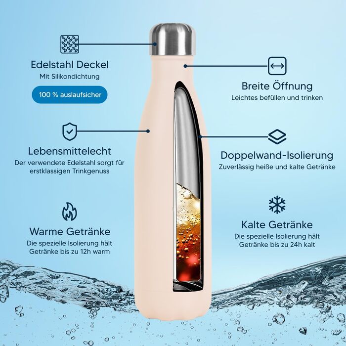Спортивна пляшка для води з нержавіючої сталі Polar Effect 500 мл з гравіюванням - Ізольована пляшка для води - для спорту та активного відпочинку (крем)