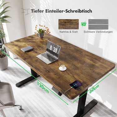 Електричний стіл Flamaker з регулюванням висоти 120x60 см, суцільна стільниця 25 мм, безщітковий мотор, стабільний ергономічний стіл, органайзер для кабелів, вінтажний коричневий