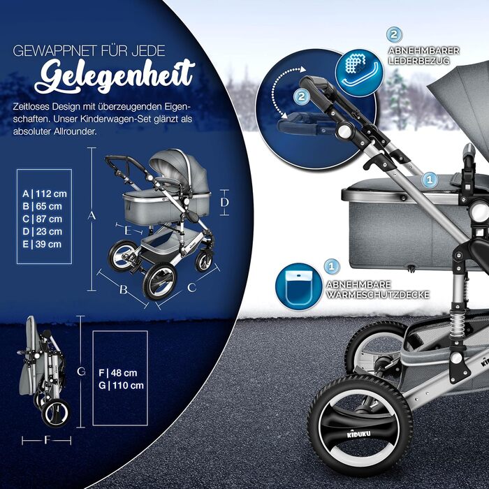 Дитяча коляска 3 в 1 KIDUKU® XXL Комплект | Комбінована коляска з люлькою, візком та автокріслом | З підніжкою, сумкою для підгузків, гріючою для рук, дощовиком, столиком для дитини | З гумовими колесами ECE R129 сірого/срібного кольору