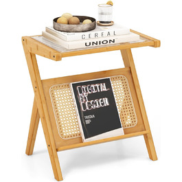 Журнальний столик COSTWAY, бамбуковий журнальний столик з тримачем для журналів з ротанга, Z-подібний стіл для вітальні зі стільницею із загартованого скла, 50 x 36 x 56 см натуральний
