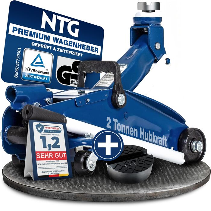 Гідравлічний домкрат NTG 2T (2000 кг) з сертифікатом TÜV - для автомобілів, шиномонтажу (гумовий наконечник), висота підйому 130-330 мм