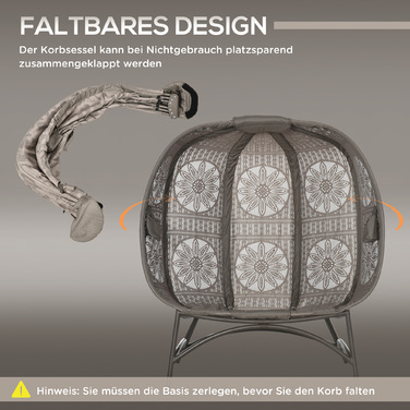 Outsunny Garden Chair 2-місне крісло Papasan зі складним кошиком і подушкою, шезлонг для балкона та тераси, сталь у піску, 126 x 75 x 142 см
