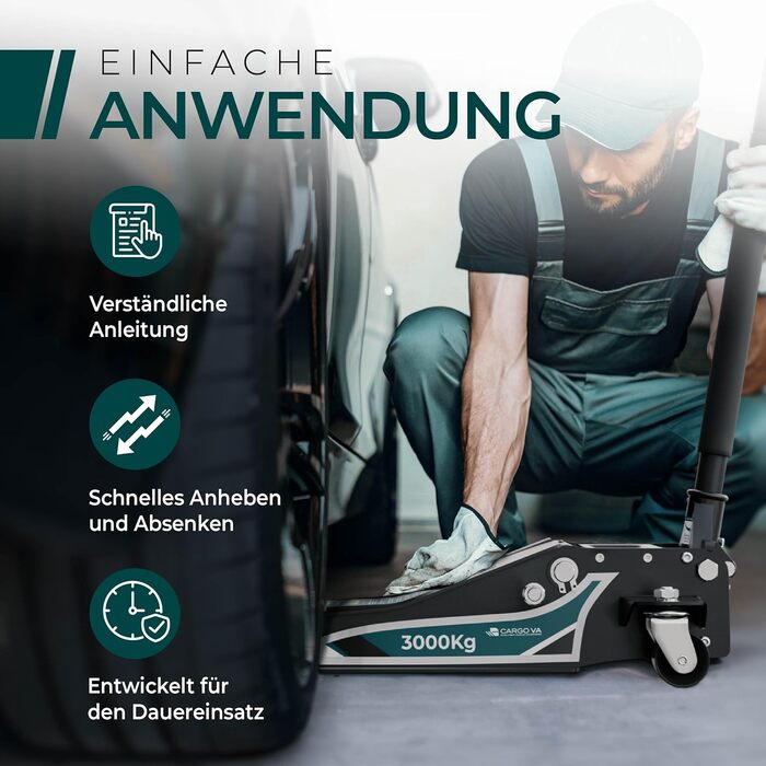 Гідравлічний домкрат CargoVA 3T з низьким профілем (75-505мм) + килимок + 2 гумові накладки | Для SUV та авто з низькою посадкою | Професійний набір для заміни коліс (TÜV)