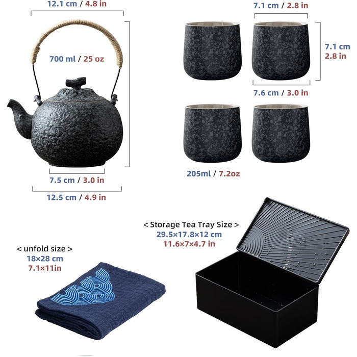 Набір для чаювання TEANAGOO: чайник 700мл + 4 чашки 205мл, дорожній, порцеляна, сірий, з підносом