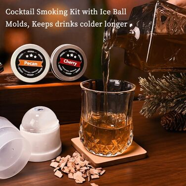 Набір для копчення коктейлів: 6 смаків, дерев'яні чіпси, форми для льоду, 2 склянки. Ідеальний подарунок для чоловіків