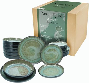 Набір посуду серії Nordic Fjord 18шт, набір тарілок з керамограніту (набір тарілок 18шт, зелений), 21551