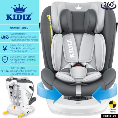 Автокрісло KIDIZ i-Size ECE R129 для дітей 0-12 років (0-36 кг), 360° обертання, Isofix, Top Tether, 5-точкові ремені безпеки, з сонцезахистом