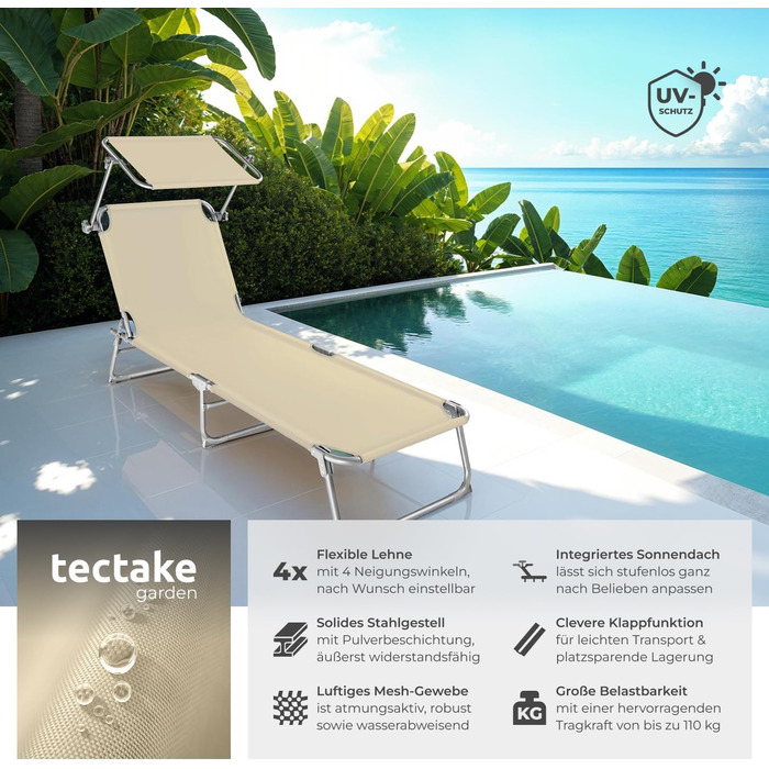 Лежак для саду Tectake з сонцезахистом, розкладний, для балкону/тераси, з регульованою спинкою, пляжний, до 110 кг, сірий (Бежевий | № 400656)