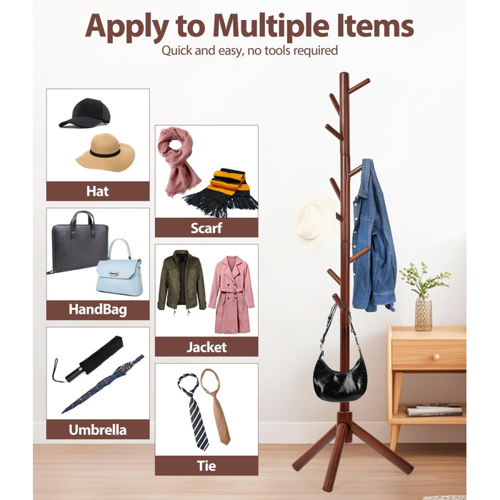 Дерев'яний вішак для одягу з буку, 9 гачків, 3 положення по висоті, для одягу, шапок, шарфів, сумок (білий/коричневий)