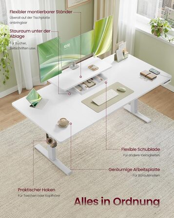 VASAGLE Регульований стіл, моніторний підставка, ящик, USB-C, нагадування про сидячий спосіб життя, для офісу, 140 x 70 см, Wolkenweiß