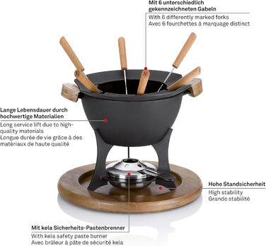 Набір для фондю Kela Meat, чавунний, на 6 осіб, з тримачем для паливної пасти та виделками, чорний, 1ук