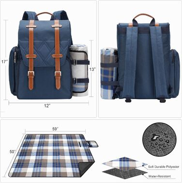 Набір для пікніка на 4 особи з великою ізольованою сумкою-холодильником, набір для пікніка з мішком для вина, водонепроникний плед та набір столових приборів. Ідеально для кемпінгу, подарунок на весілля, блакитний колір