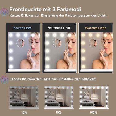 Дзеркало для макіяжу YU YUSING з підсвічуванням 58x45 см, 15 LED, 3 кольори, збільшення 10x, USB Type-C, RGB