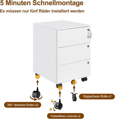 Роликовий контейнер HOMSTEEL з 3 замками, 3 висувні шухляди, для офісу та дому, білий (44T x 37B x 60H см)