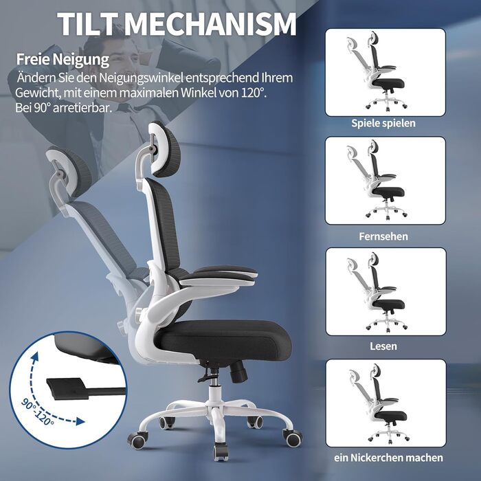 Ергономічне крісло TRALT для офісу з регульованою поперековою підтримкою та підголівником. Ігрове крісло, офісне крісло, крісло для дому, крісло для великих людей, 150 кг, біло-чорне