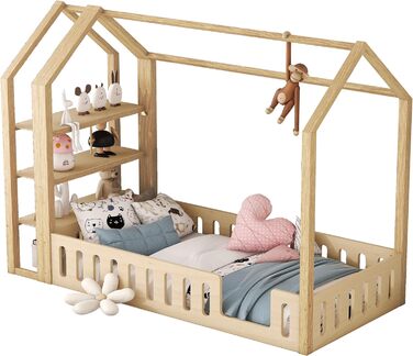 Дитяче ліжко Merax 90x200см із захистом від випадання, дитяче ліжко з висувними ящиками та полицею для зберігання, міцне дерев'яне ліжко на дереві з рейковим каркасом, ігрове ліжко для хлопчиків і дівчаток, біле (90 x 200 см, натуральне ліжко)