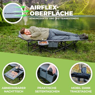 Розкладне ліжко для кемпінгу NORDICTRAILS XXL з м'яким матрацом, компактна похідна лежанка для відпочинку та рибальства, сіра (190 x 70 см)