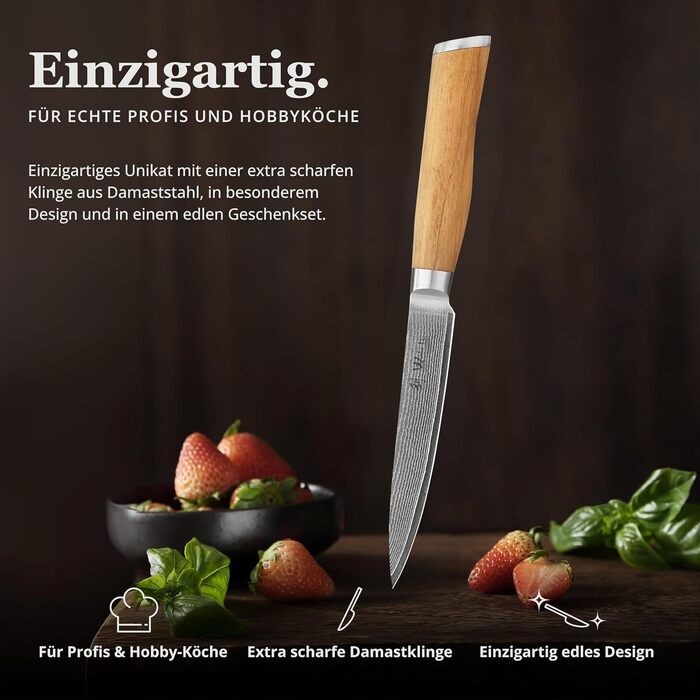 Ніж кухарський Wakoli з дамаської сталі (серцевина VG10), 20 см – гострий та збалансований – ніж з ручкою з оливкового дерева в подарунковій коробці – кухонний ніж Damask для професіоналів та любителів (універсальний)
