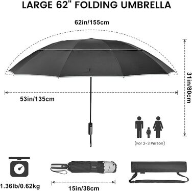 Дюймова велика складна парасолька та парасолька для гольфу, подвійний навіс, вітрозахисний, автоматичний, чорний, 4Free 62-