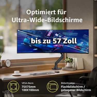 Кріплення для монітора Bewiser: 34-57 дюймів, для широких та вигнутих моніторів, регульоване по висоті, нахил, поворот, газ-амортизатор, VESA 75x75/100x100, чорний