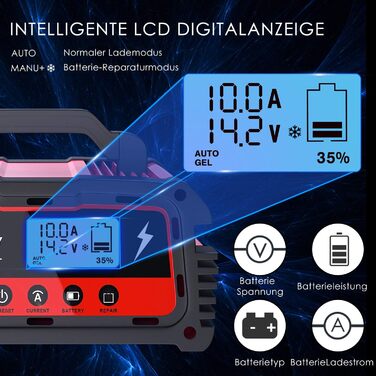 Зарядний пристрій для акумулятора 12V/24V LEICESTERCN - Автомобільний, мотоциклетний, з LCD, 5/10/25A, 6-ступінчастий, з багаторазовим захистом