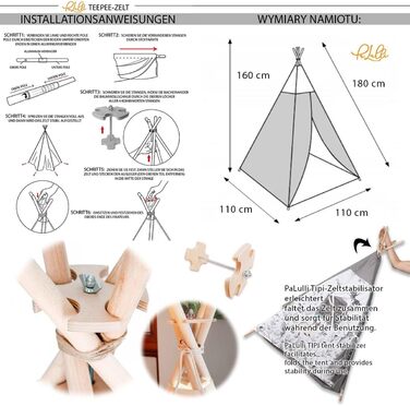 Дитяче намет PaLulli® Tipi з бавовни, матрац, система стабілізації, ліхтар та декоративні подушки (сірий)