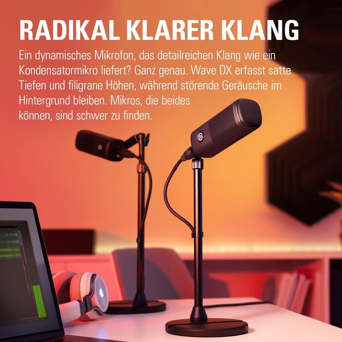 Elgato Wave DX — динамічний XLR-мікрофон для подкастів, стрімінгу та трансляцій, кардіоїдна діаграма, шумозаглушення, не потребує підсилювача, сумісний з Mac/PC