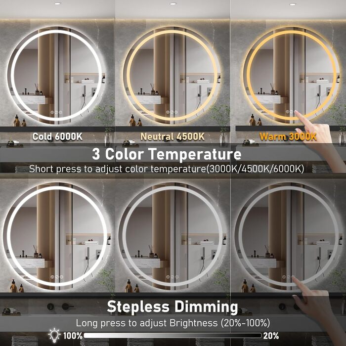 Дзеркало для ванної кімнати з підсвічуванням, 60 см, кругле, з антизапарюванням, регульоване, 3 кольори світла (80x80 см, Bluetooth, антизапар, диммування, 3 кольори)