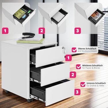 Шкафчик для офісу tectake® з металу, з ключем, на колесах, з висувними ящиками. Органайзер для столу, мобільний шафчик, білий