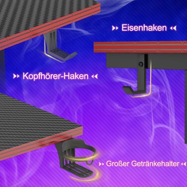 Ігровий стіл Devoko 160x60 см з LED підсвічуванням, підставка для монітора, карбонове покриття, ергономічний дизайн, чорний