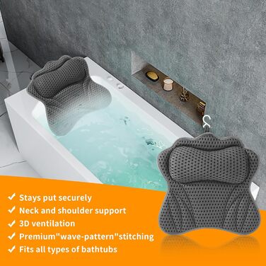 Подушка для ванни з 6 присосками, сітчаста технологія 4D Air Mesh, підтримка голови, шиї, плечей та спини, підходить для всіх ванн (Сіра)
